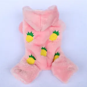 Cozy pink plush pet hoodie with cute yellow pineapple embroidery for dogs