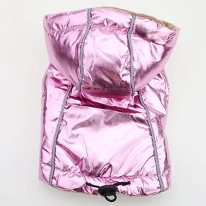 Close-up of metallic pink pet vest showing reflective trim and adjustable drawstring detail