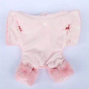 Detailed inside view of pink thickened plush dog clothes jumpsuit for winter warmth