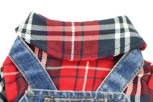 Detailed close-up showing the red plaid collar and denim straps of a puppy jumpsuit outfit