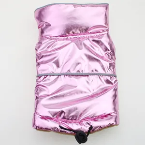 Macro view of pink metallic pet vest with padded insulation and adjustable drawstring