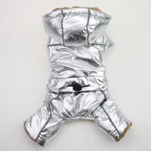Shiny metallic silver hooded dog jumpsuit featuring reflective stripes and thick lining.