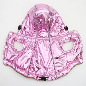 Detail view of metallic pink padded pet winter vest with hood and reflective strips