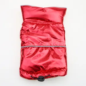 Back view of shiny red padded dog vest with reflective stripe and adjustable toggle