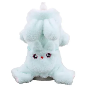 Close-up of thickened mint green fleece pet jumpsuit with cute rabbit ear details.