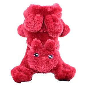 Soft dark red fleece pet winter outfit featuring a cute rabbit face and long ears