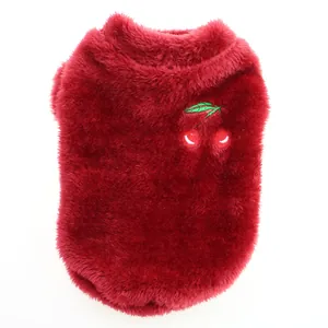 Soft red plush winter pet vest with cute cherry embroidery for small dogs and cats