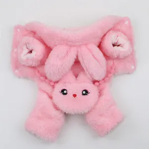 Detailed view of thick pink fleece rabbit-themed dog outfit with plush bunny hood