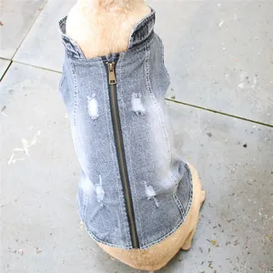 Distressed denim dog vest with back zipper for large pets like Golden Retrievers