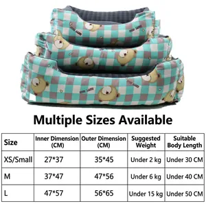 Pet bed size chart for checkered dog and cat beds with cute bear pattern detail