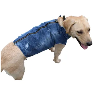 Close-up view of a blue distressed denim pet vest with back zipper for large dogs