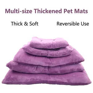 Detail of five stackable purple plush pet sleeping pads in various sizes for dogs