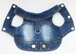 Durable blue denim dog harness vest with metal D-ring leash attachment for small breeds