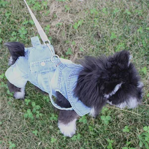 Detail of dog denim jumpsuit featuring a mini backpack and leash attachment