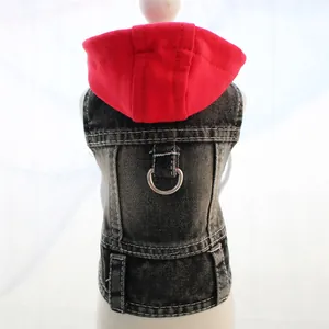 Detail of dog denim vest hoodie with back D-ring for leash attachment