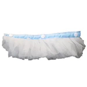 Detail of a white mesh pet tutu skirt with blue snap-button band for small dogs and cats.