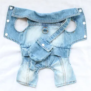Detail of blue denim pet jumpsuit with mini backpack for small dogs and puppies
