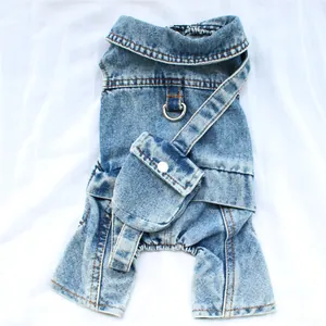Detailed view of dog denim overalls featuring a functional mini backpack and D-ring