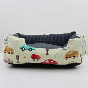 Removable Washable Square Pet Bed Cartoon Bear Car Print Dog Cat Nest Soft Warm Cushion For Small Medium Large Dogs Four Seasons