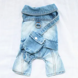Detailed view of a stylish light blue denim dog jumpsuit with a small functional backpack
