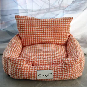 Elegant orange houndstooth pet sofa bed for small dogs and cats, soft and washable bed