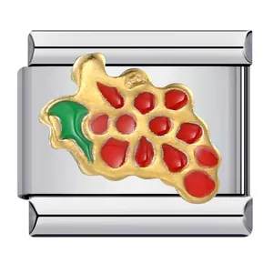 Detailed macro shot of an Italian charm link with red enamel grape and gold accents