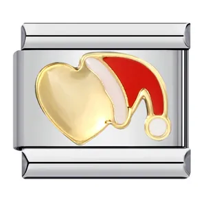 Close-up of a Christmas heart with Santa hat enamel Italian charm for DIY bracelets
