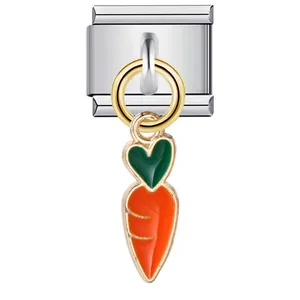 Detailed view of an orange carrot charm with a green heart leaf for modular bracelets