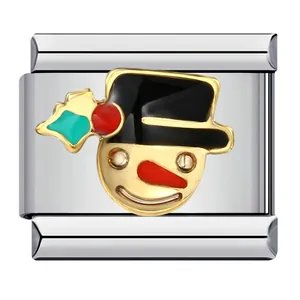 Detailed macro shot of an enamel snowman charm module for Italian DIY bracelets