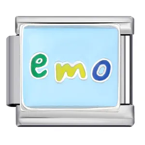 Macro detail of Italian charm with colorful 'emo' enamel letters on light blue background