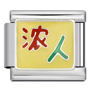 Detailed macro view of a stainless steel Italian charm link with colorful enamel characters.