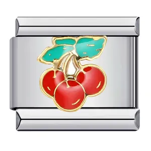Stainless steel Italian charm module with red cherry enamel design for DIY bracelets