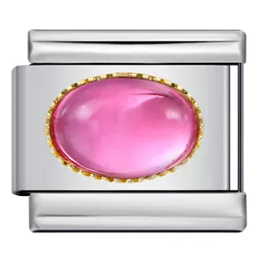 Hochglanzpoliertes italienisches modulares Charm-Glied aus Edelstahl mit pinkfarbenem Stein