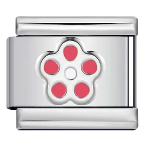 Close-up of stainless steel Italian modular charm with pink floral design