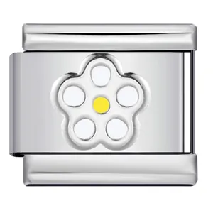 Macro detail view of a silver stainless steel Italian charm link featuring a yellow flower