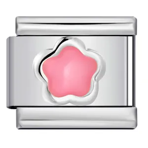 Detail shot of a pink enamel flower charm link for Italian modular stainless steel bracelets