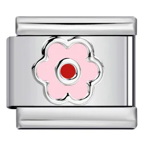 Detailed view of an Italian modular charm featuring a pink flower on stainless steel