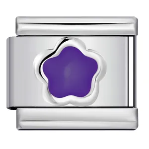 Stainless steel Italian modular charm with purple flower enamel for DIY bracelet link