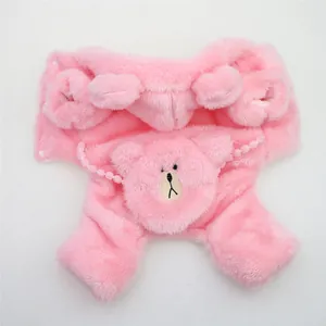 Close-up of soft pink plush four-legged pet clothes with cute bear head detail