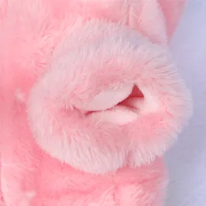 Detail of soft pink plush pet winter outfit showing thick fleece texture and cuff