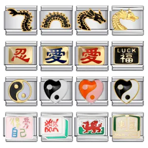 Stainless Steel Italian Charm Link Modular DIY Bracelet Component Gold Plated Enamel Chinese Culture Dragon Yin Yang Mahjong Symbol Charm Jewelry Finding