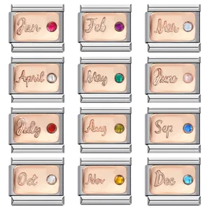 Collection of 12 birthstone Italian charm links in rose gold and stainless steel