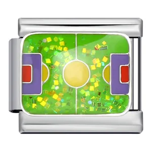 Macro detail of a soccer field Italian modular charm with green enamel and glitter.
