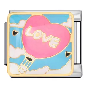 Detail of Italian link charm with pink LOVE heart hot air balloon and enamel sky