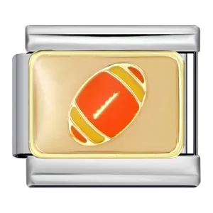 Stainless steel Italian modular charm link featuring an orange enamel football design.
