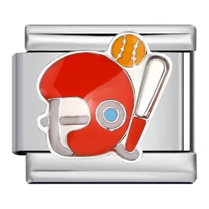 Detailed macro view of a stainless steel baseball theme enamel Italian modular charm