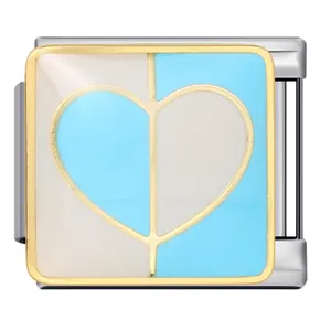Macro detail of a stainless steel Italian charm with blue and beige enamel heart pattern