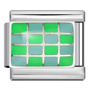 Detail shot of an Italian charm link with a green and teal enamel checkerboard pattern.