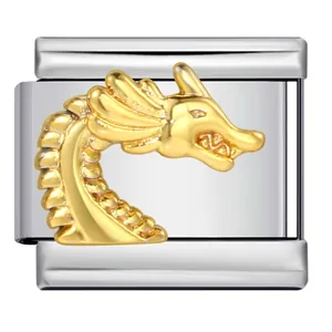 Professional Italian modular charm link made of stainless steel with a golden dragon motif
