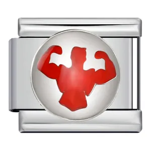 Stainless steel Italian modular charm featuring a red bodybuilding silhouette pattern